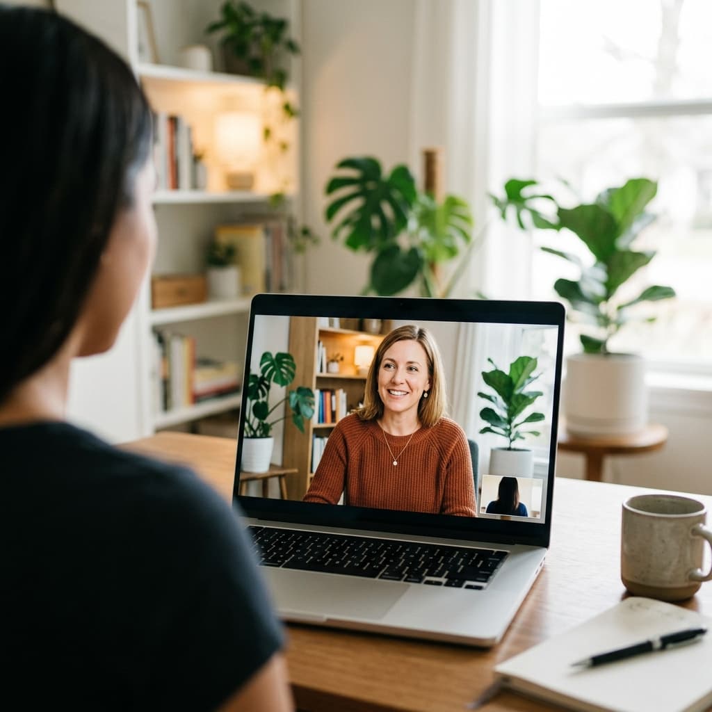Certified counselor conducting an online therapy session via video call